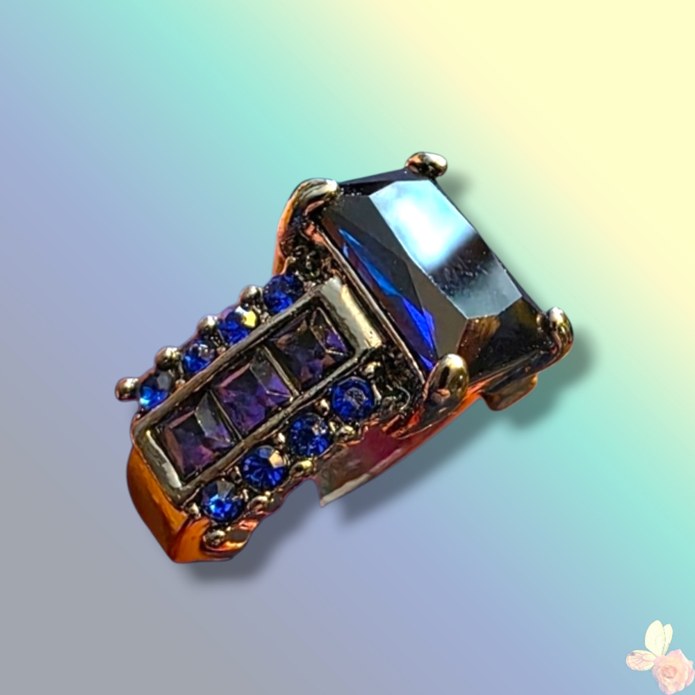 Cobalt Blue Crystal Statement Ring Chunky Bold Size 8.25 Gunmetal 325